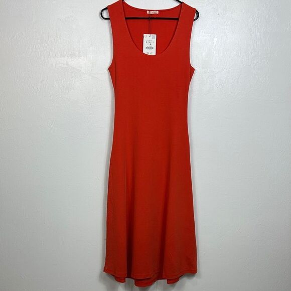 Zara Cotton Blend Sleeveless Stretch Midi Dress In Orange Red Size L - Picture 2 of 9